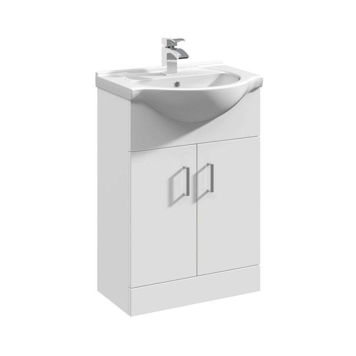 A white vanity cabinet with a matching white sink basin and a chrome faucet, shown on a plain white background.
Mayford Vanity Unit & Basin | 550mm
