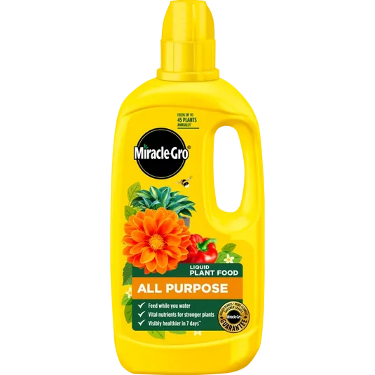 A yellow bottle of Miracle-Gro All Purpose Liquid Plant Food on a plain white background.