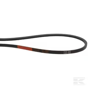 A black rubber industrial belt with a red stripe and white printed text, shown on a plain white background.