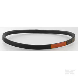 A black rubber belt with a small orange reflective strip on one side, photographed against a plain white background.