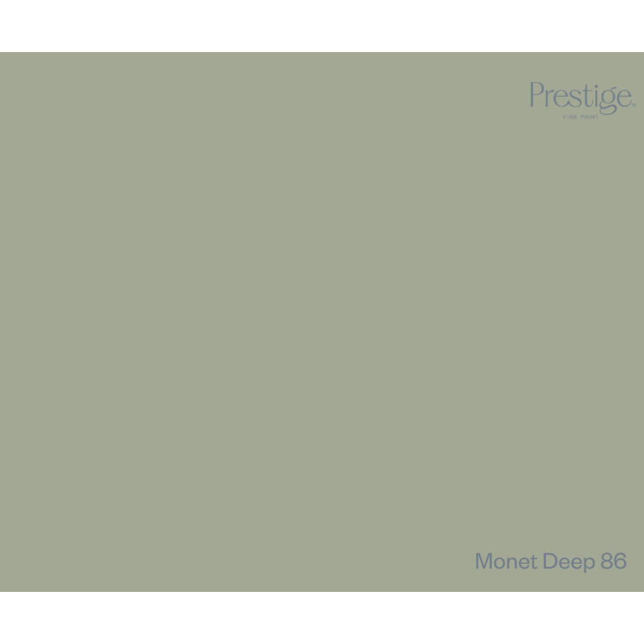 A solid color swatch card for Prestige fabric, showing the colour 'Monet Deep 86' in a muted sage green-grey tone, with the Prestige logo in the top right and the color name in the bottom right.