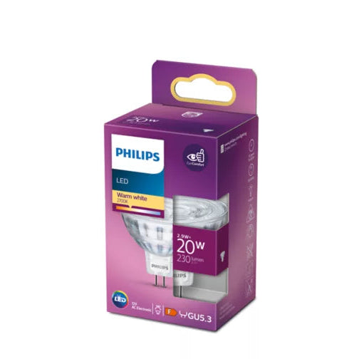 A package of Philips LED GU5.3 20W warm white light bulbs, shown in its original purple retail box against a plain white background.