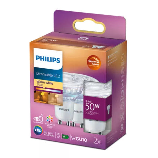 A package of two Philips LED light bulbs in warm white, 5W, with a purple and orange gradient box on a white background.