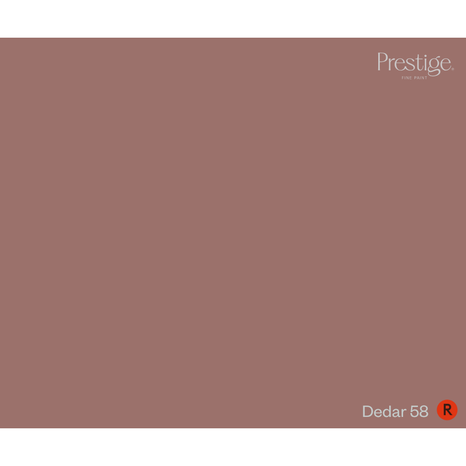 A solid color swatch card for Prestige Fine Paint in the color 'Dedar 58', showing a muted dusty rose or mauve tone with the Prestige logo in the top right and the color name 'Dedar 58' with a red 'R' circle in the bottom right.