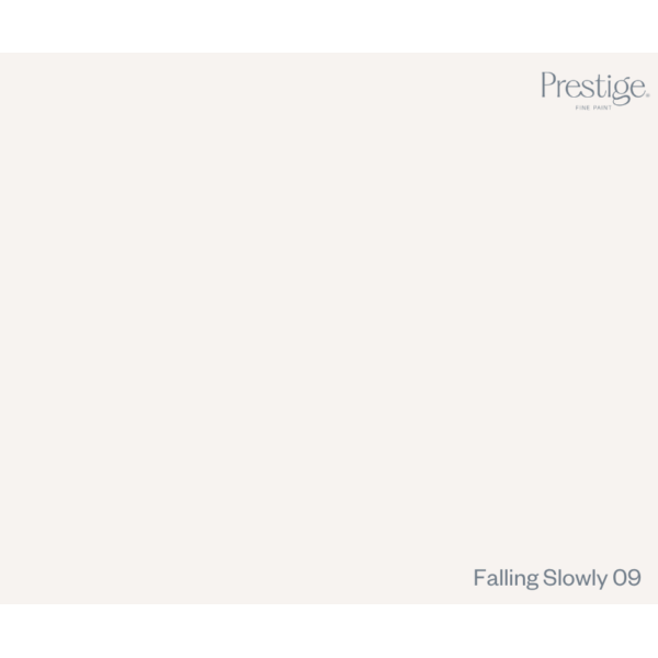 A minimalist color swatch card for Prestige Fine Paints, showing a solid warm off-white color labeled 'Falling Slowly 09' in the bottom right corner, with the Prestige brand logo in the top right.
