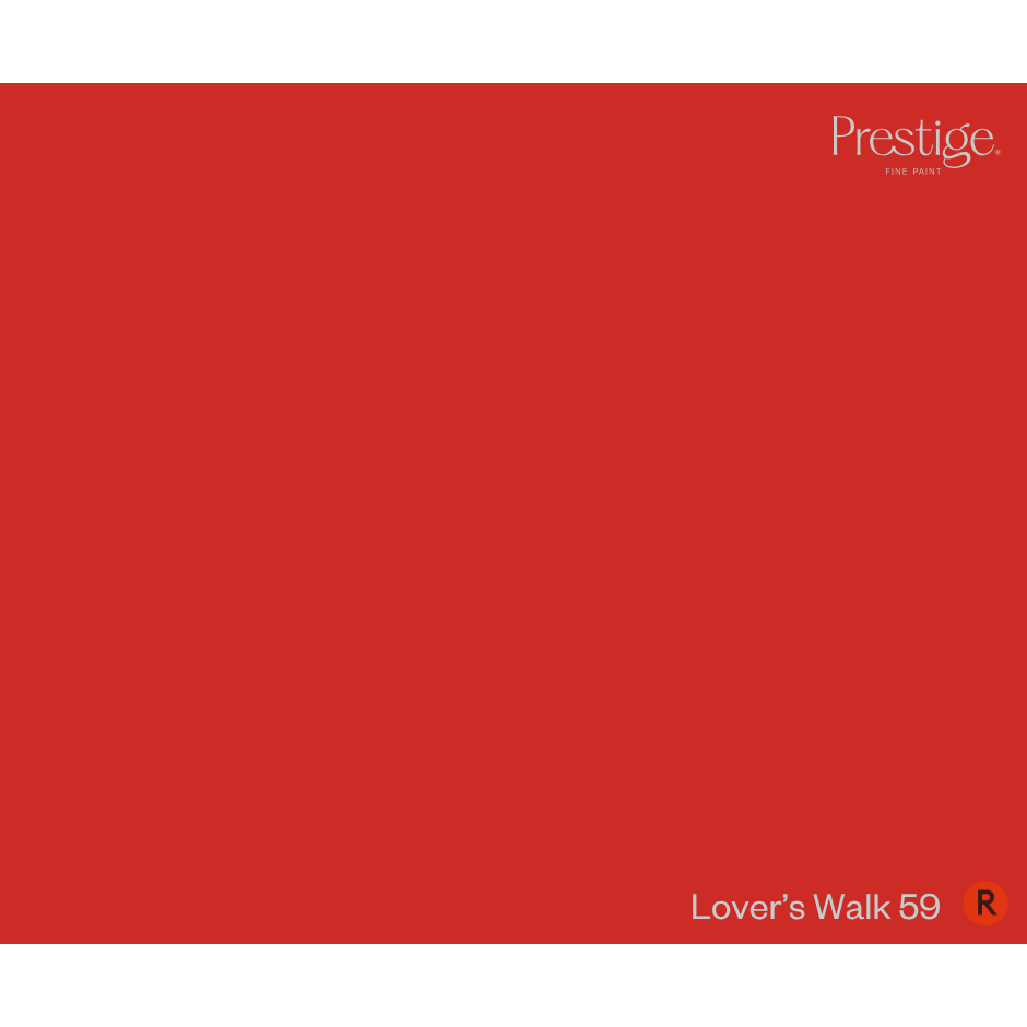 A solid red color swatch card with the Prestige brand logo in the top right corner and the text 'Lover's Walk 59' with a small orange 'R' in the bottom right corner.