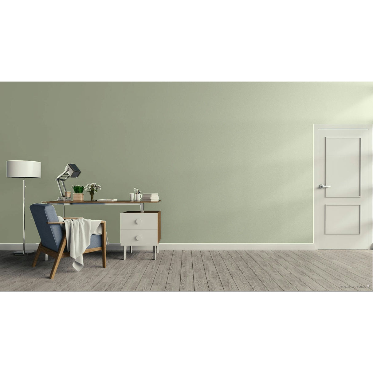 A minimalist room scene with a sage green wall, light wood floor, a white door on the right, and a home office setup on the left featuring a blue armchair, desk, lamp, and small cabinet.
Prestige Monet Paint