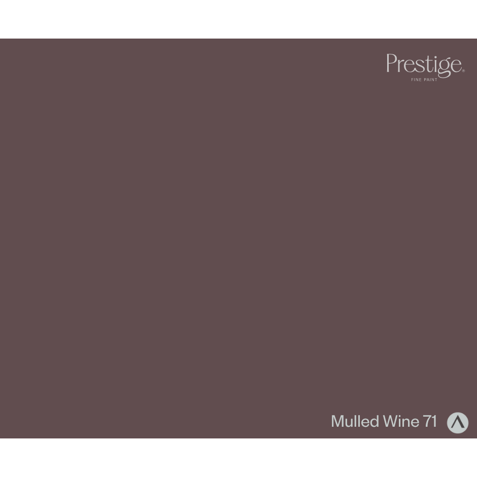 A solid color swatch card for Prestige Fine Paint in the shade 'Mulled Wine 71', showing a deep muted wine-brown color with the brand logo in the top right and the shade name in the bottom right.