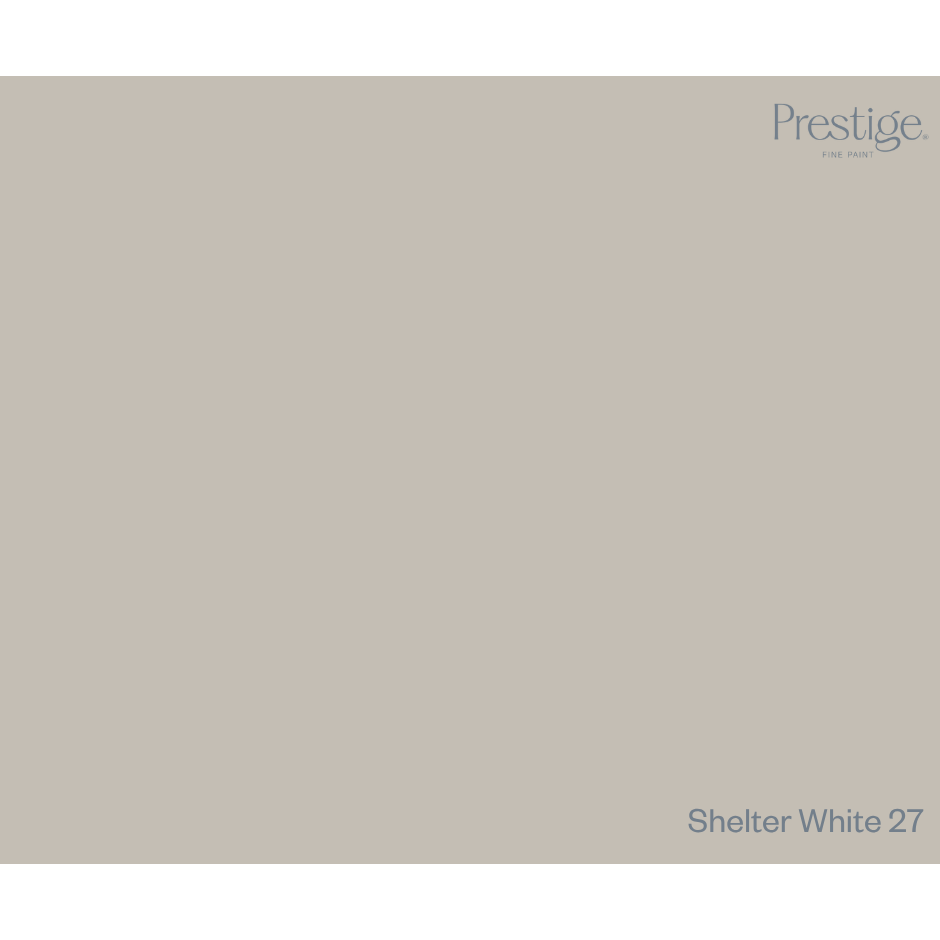 A solid color swatch card for Prestige. Home Paints in the color 'Shelter White 27', featuring a light warm gray-beige background with the brand name and product name printed in a muted blue-gray font.