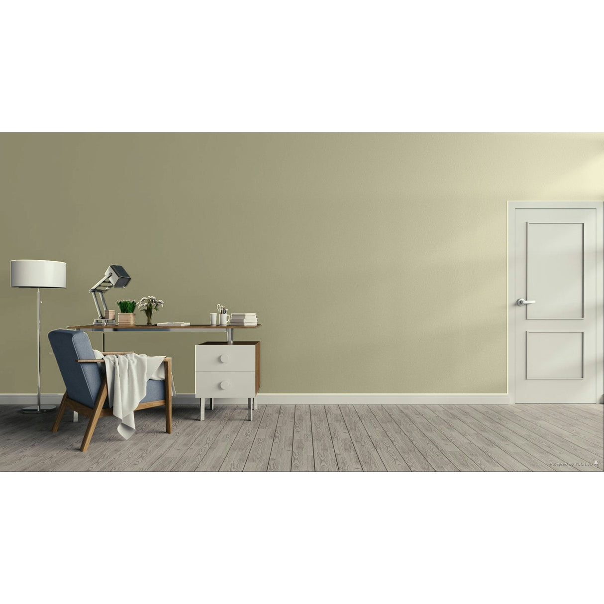 A minimalist room scene with a beige wall, gray wood floor, white door, a blue armchair with a draped throw, a desk with a lamp and small plants, and a floor lamp on the left.