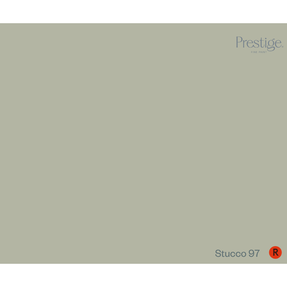 A solid color swatch card for Prestige Stucco 97, featuring a muted sage green color with the Prestige logo in the top right and the product code 'Stucco 97' in the bottom right.