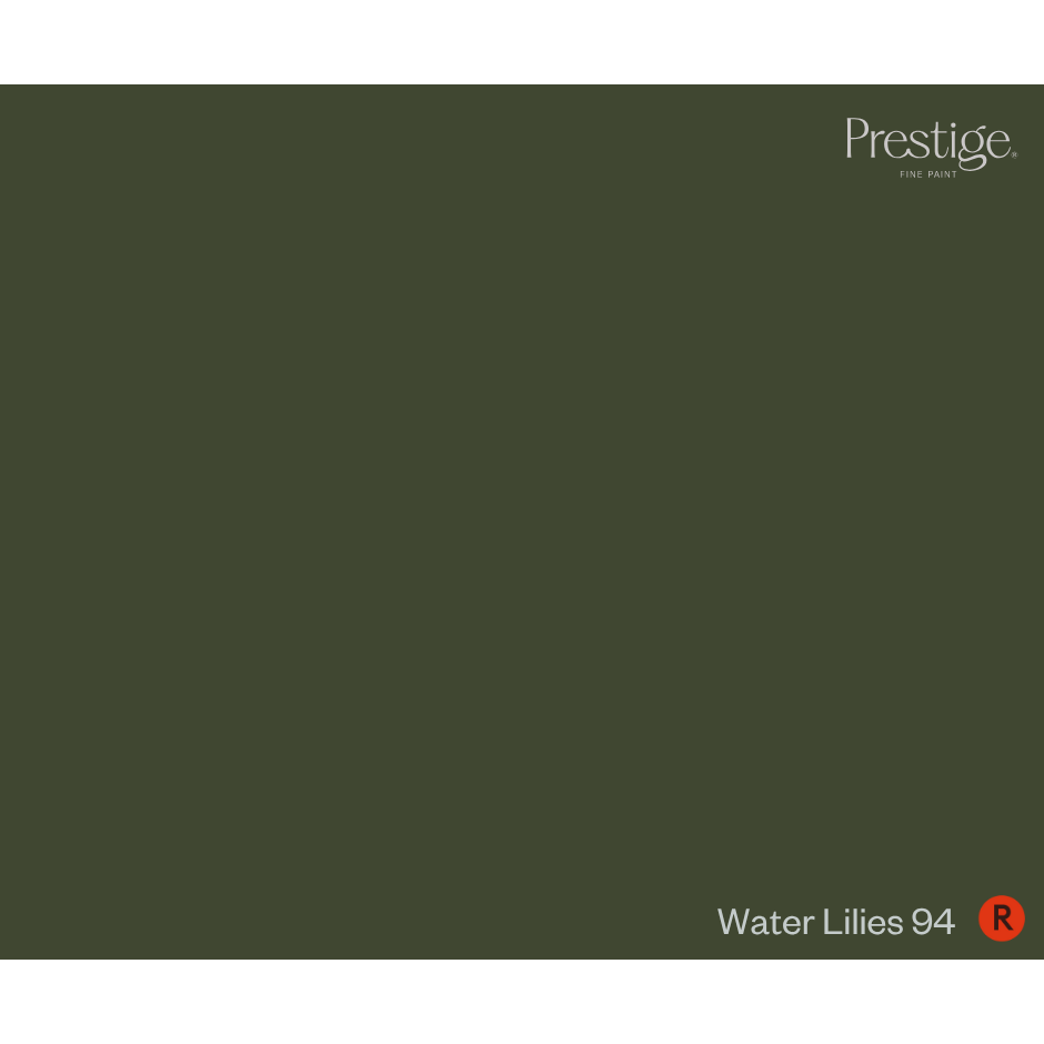 A solid dark olive green colour swatch with the Prestige brand logo in the top right corner and the text 'Water Lilies 94' with a red 'R' in the bottom right corner. Prestige Water Lilies Paint