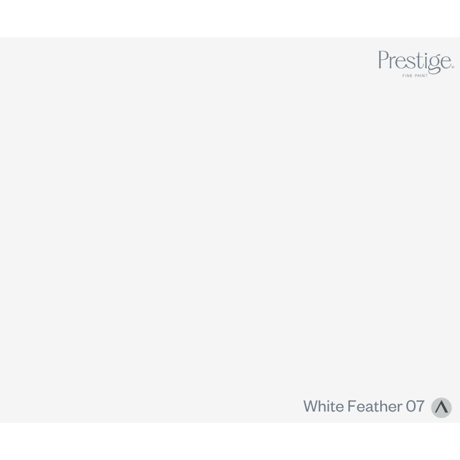 A minimalist color swatch card for Prestige Fine Print, showing a solid off-white background with the text 'White Feather 07' in the bottom right corner.