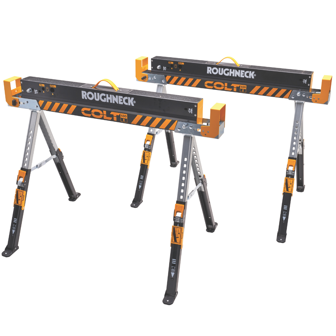 Two COLT Roughneck portable work platforms with black and orange striped tops and silver and black legs, shown on a plain white background. Roughneck Colt Folding Saw Horse Twin Pack