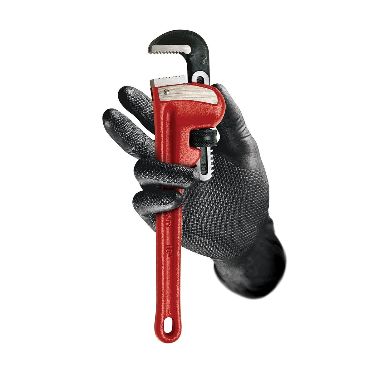 A red pipe wrench with a black adjustable jaw and a black textured work glove holding it, isolated on a white background.