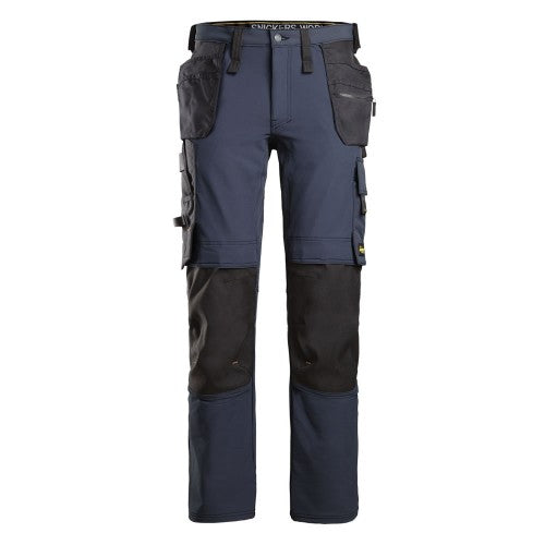 Work pants in navy blue and black, featuring cargo pockets, utility pockets, and reinforced knee and lower leg panels, shown against a plain white background.