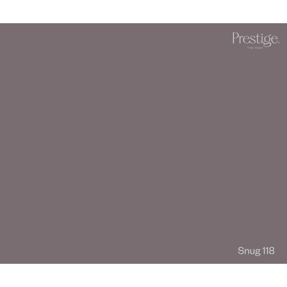 A solid color swatch card for Prestige Fine Furnishings, showing the color Snug 118, a muted dusty plum-gray. The Prestige logo is in the top right corner, and 'Snug 118' is labeled in the bottom right.