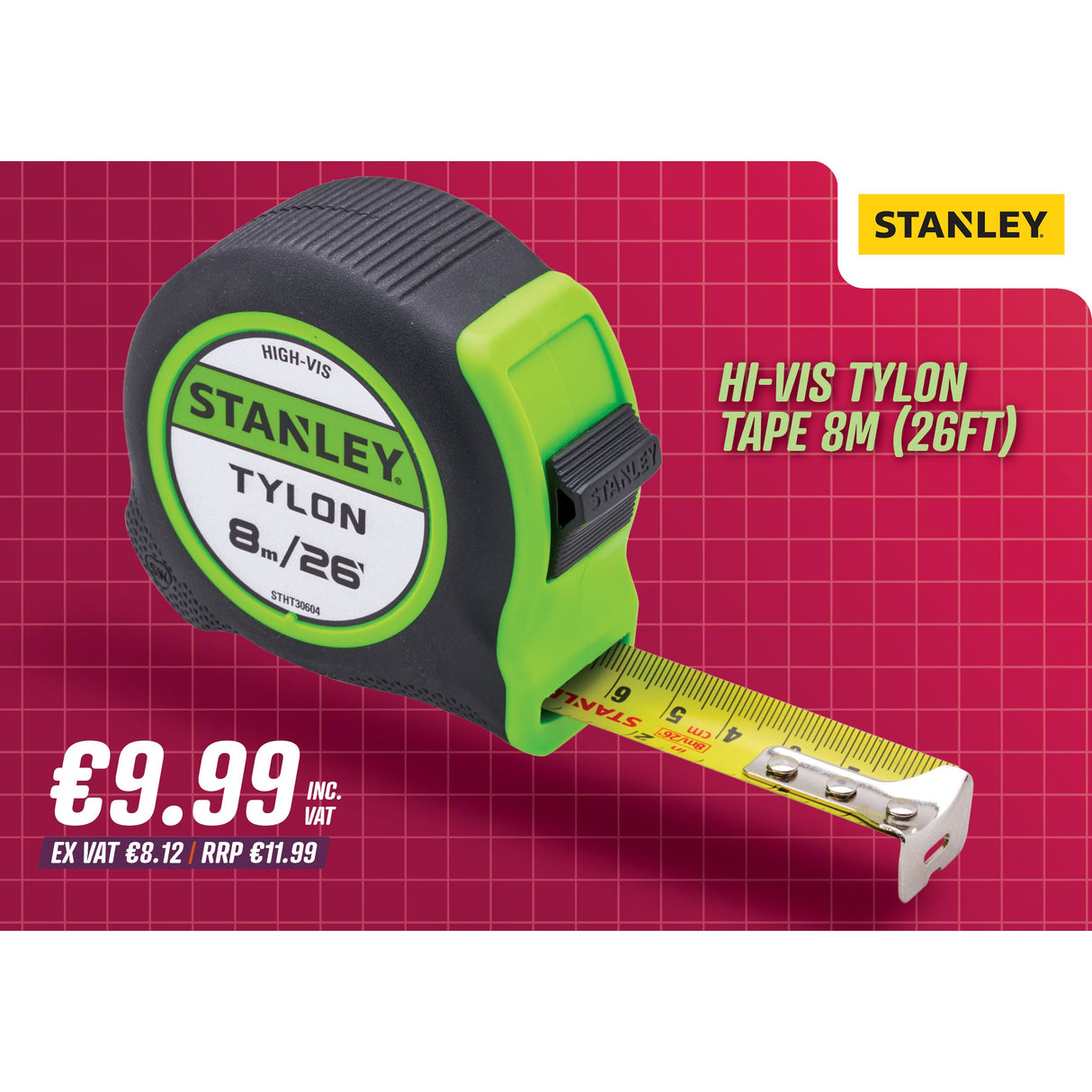 Stanley Hi-Viz Tylon Tape 8m (26ft)