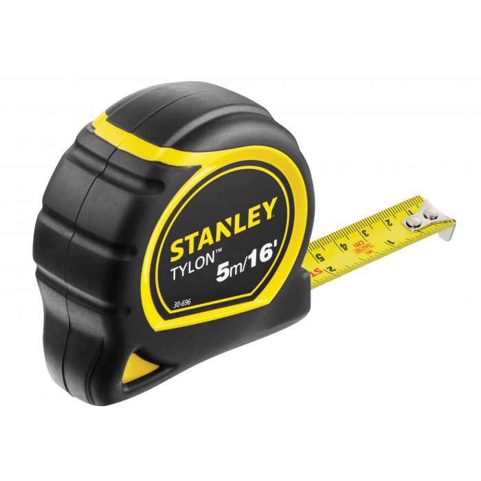 A Stanley Tylon 5m/16" tape measure with a black and yellow casing and a yellow metal tape extension, shown on a plain white background.
