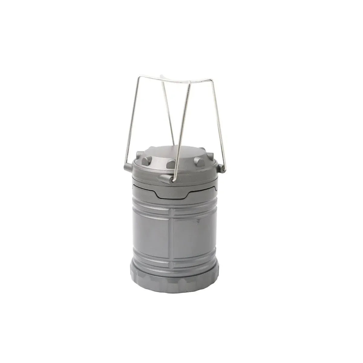 A gray collapsible metal lantern with a silver wire handle, shown on a plain white background.