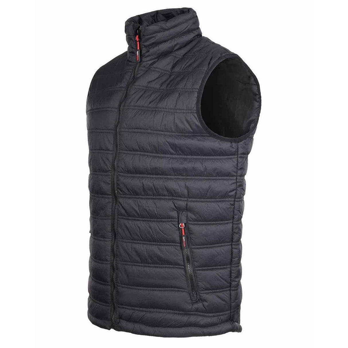 A sleeveless black quilted puffer vest with a high stand-up collar, front zipper, and a vertical zippered pocket with a red zipper pull, Tuffstuff Elite Bodywarmer