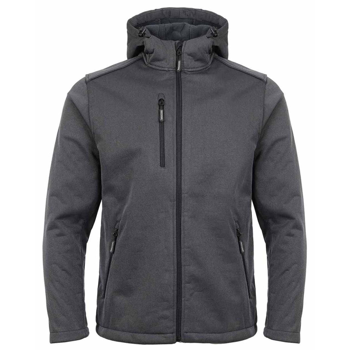A dark gray hooded jacket with a full-length front zipper, a vertical zippered chest pocket, and zippered hand pockets, shown against a plain white background. TuffStuff Hale Jacket | Grey