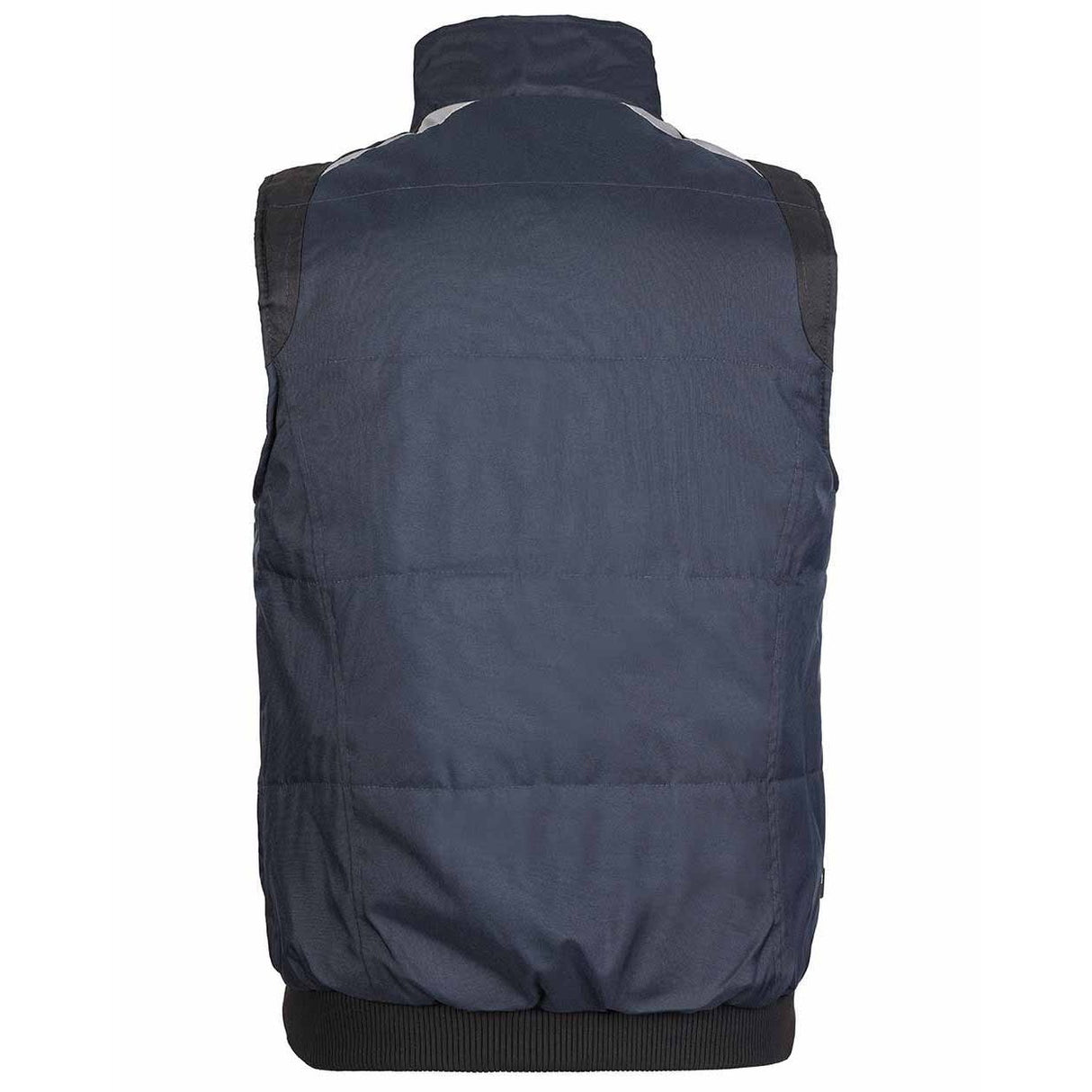 The back view of a dark navy blue quilted puffer vest with black ribbed trim at the collar, cuffs, and hem, shown against a plain white background.