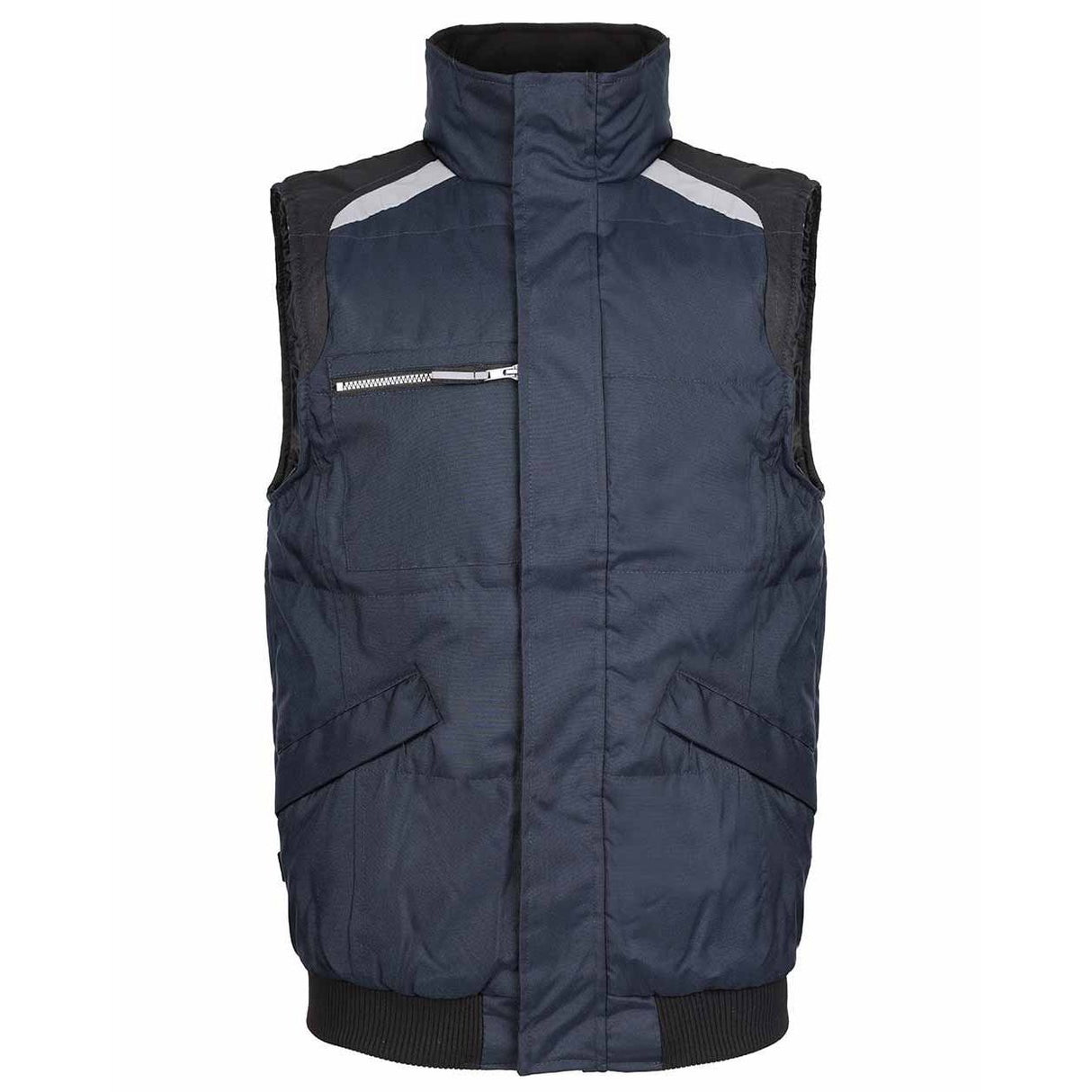 A navy blue quilted puffer vest with black ribbed trim, a high stand-up collar, and light gray reflective shoulder stripes, shown against a plain white background.