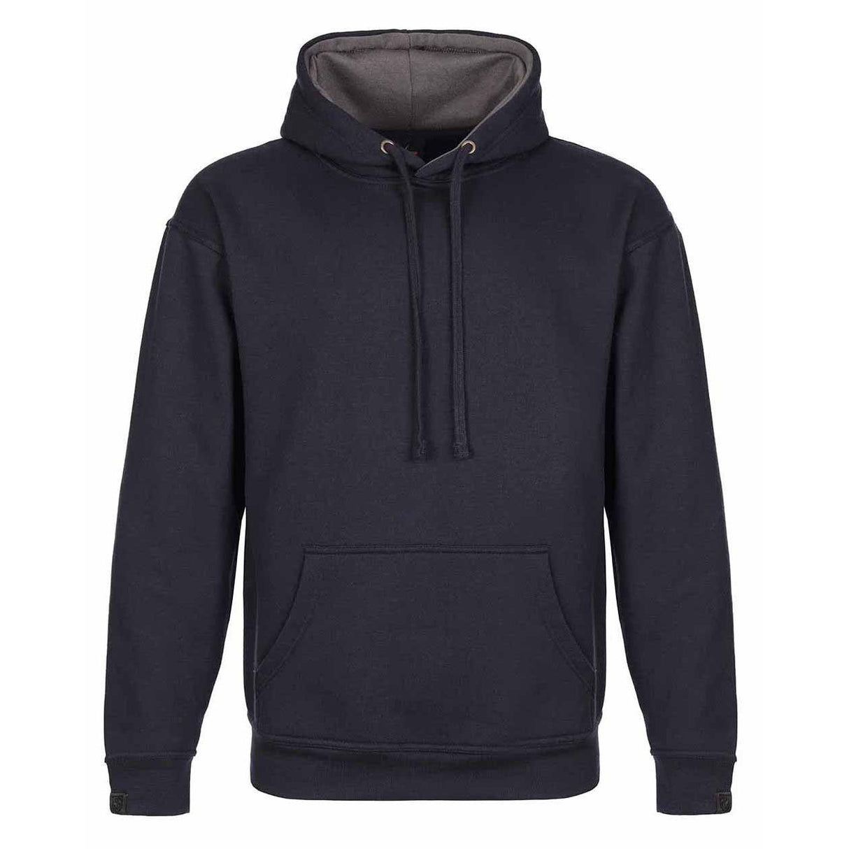 A dark navy blue pullover hoodie with a contrasting gray interior hood lining, drawstrings, and a front kangaroo pocket, shown against a plain white background. Tuffstuff Hendon Hoodie | Navy Blue