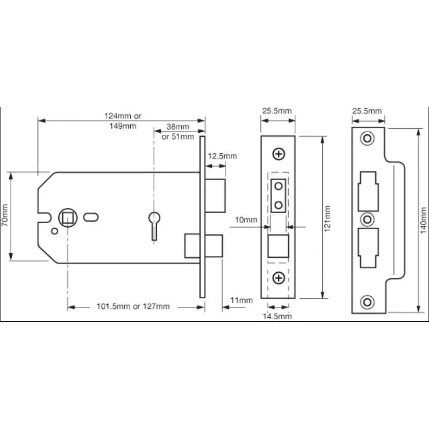 Union 3 lever Horizontal Mortice Lock