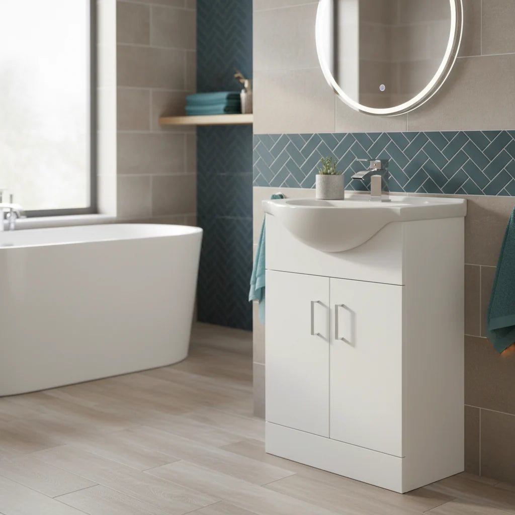 Modern bathroom with white freestanding bathtub and vanity unit.