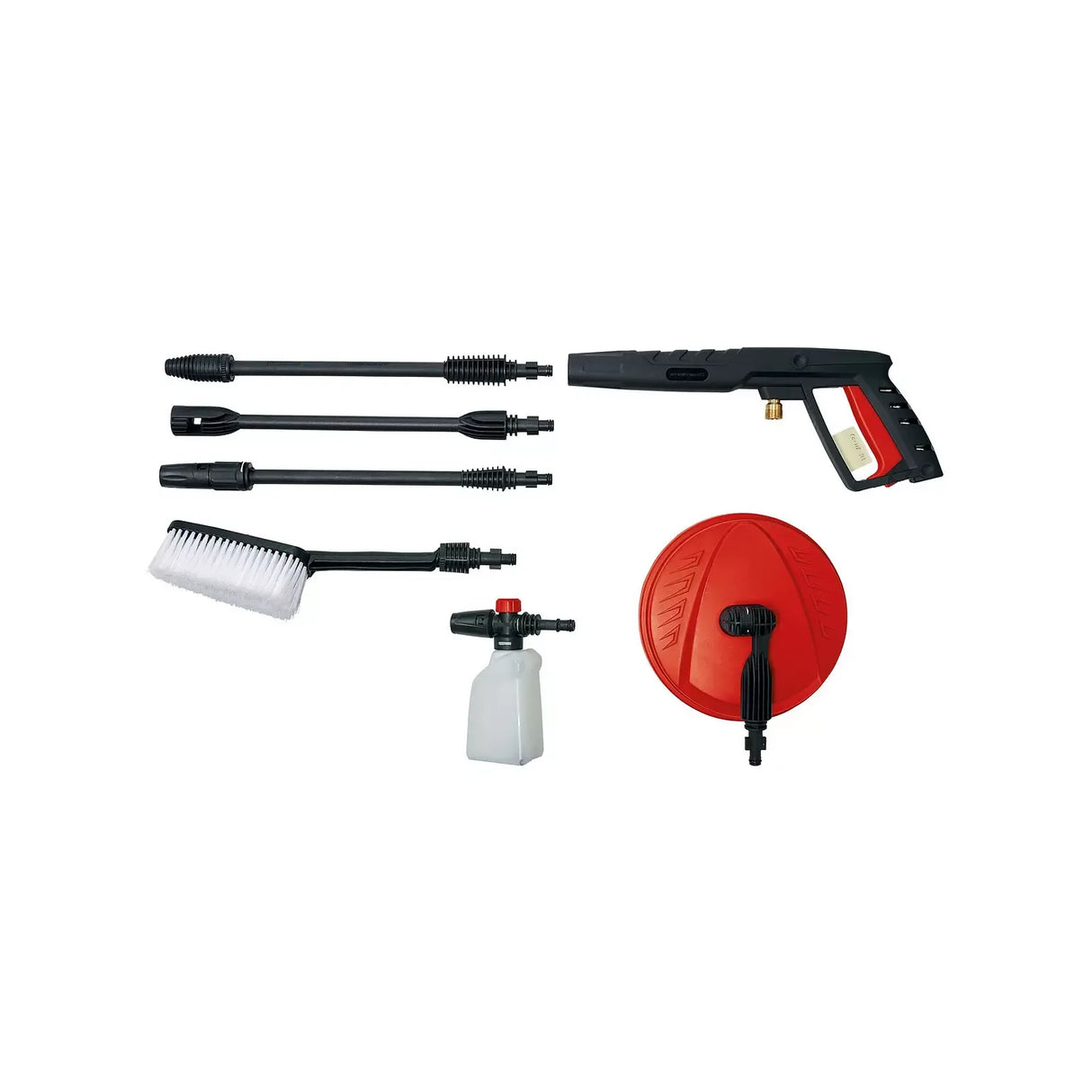 A high-pressure water spray gun kit with multiple attachments, including three nozzles, a brush attachment, a foam bottle, and a red round cover, displayed on a solid white background.