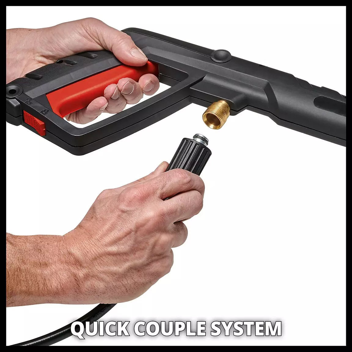 Close-up of a person's hands demonstrating a quick-coupling system on a black and red pressure washer nozzle, with a brass connector visible against a white background.