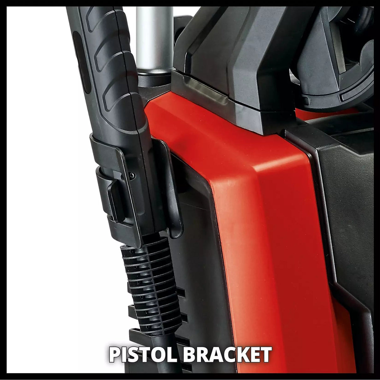 Close-up of a red and black industrial tool showing the pistol bracket attachment point with the text 'PISTOL BRACKET' at the bottom.
