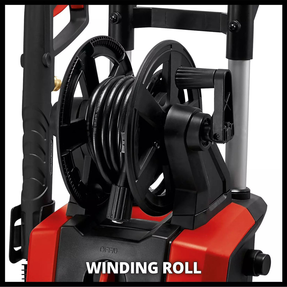 Close-up of a black and red pressure washer hose winding roll with a coiled hose mounted on the spool, shown against a white background with a black border.