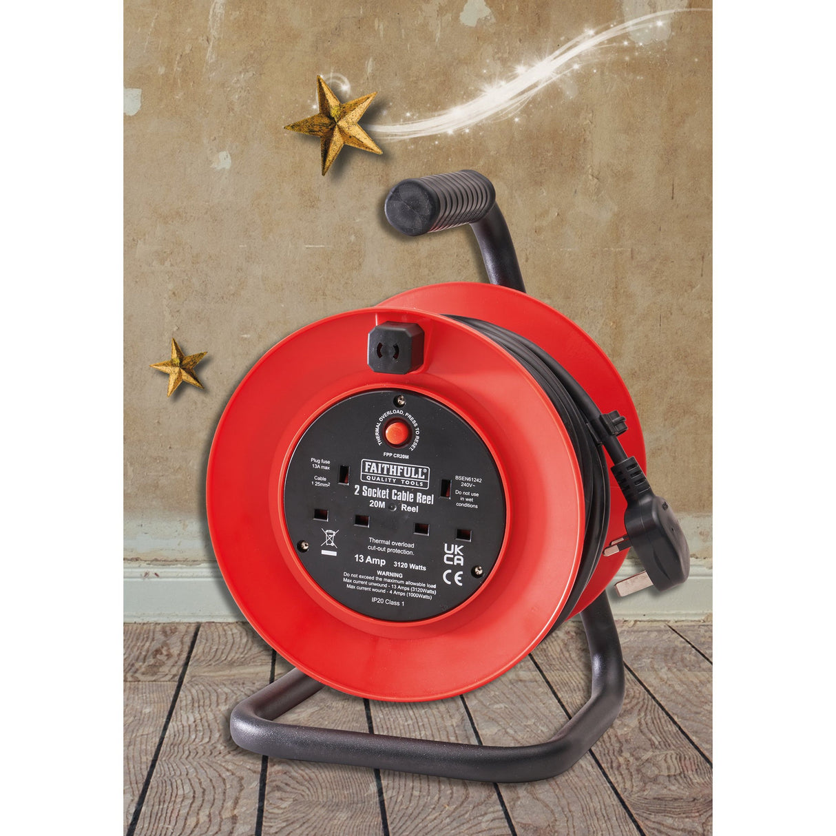 Faithfull Open Drum Cable Reel 240V 13A 2-Socket 20m