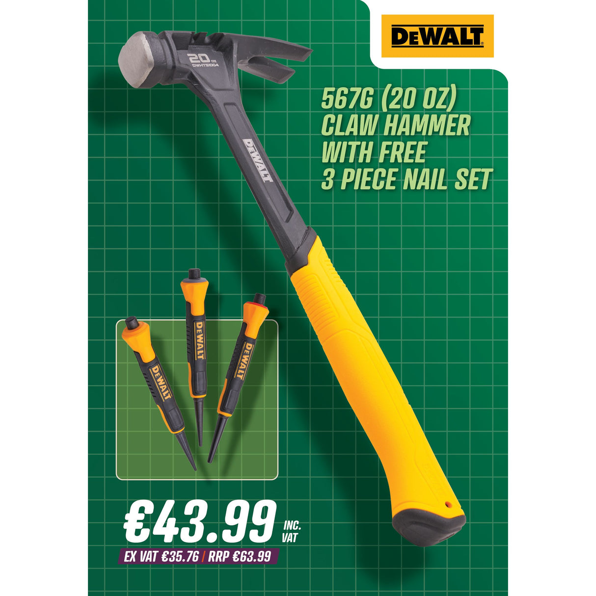 DeWalt 567G (20oz) Claw Hammer With Free 3 Piece Nail Set