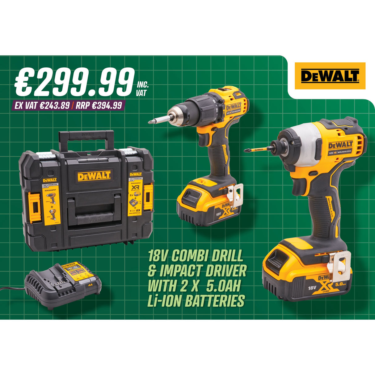 DeWalt 18V Combi Drill & Impact Driver with 2 X 5Ah Li-ion Batteries