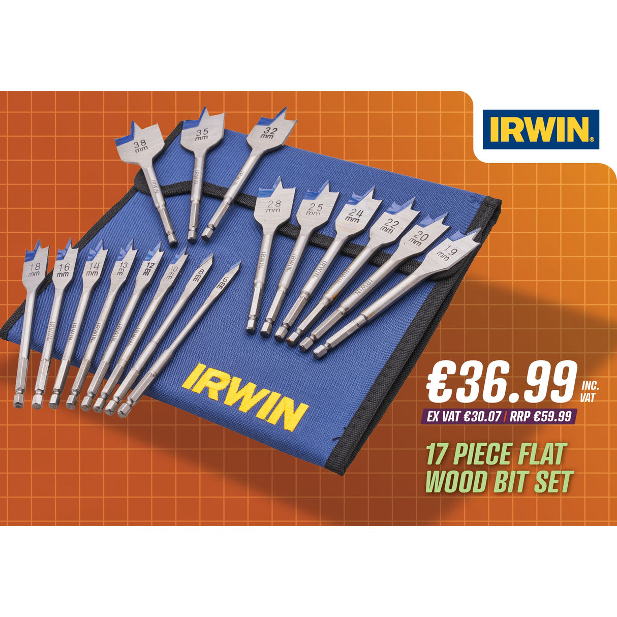 Irwin 17 Piece Flat Wood Bit Set