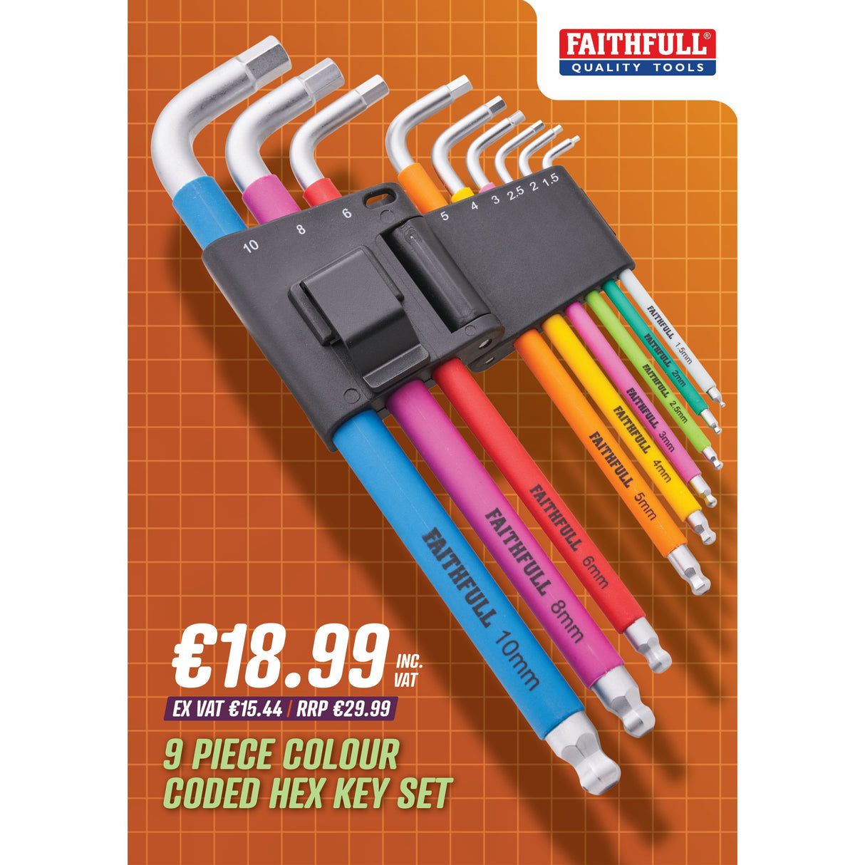 Faithfull 9 Piece Colour Coded Hex Key Set