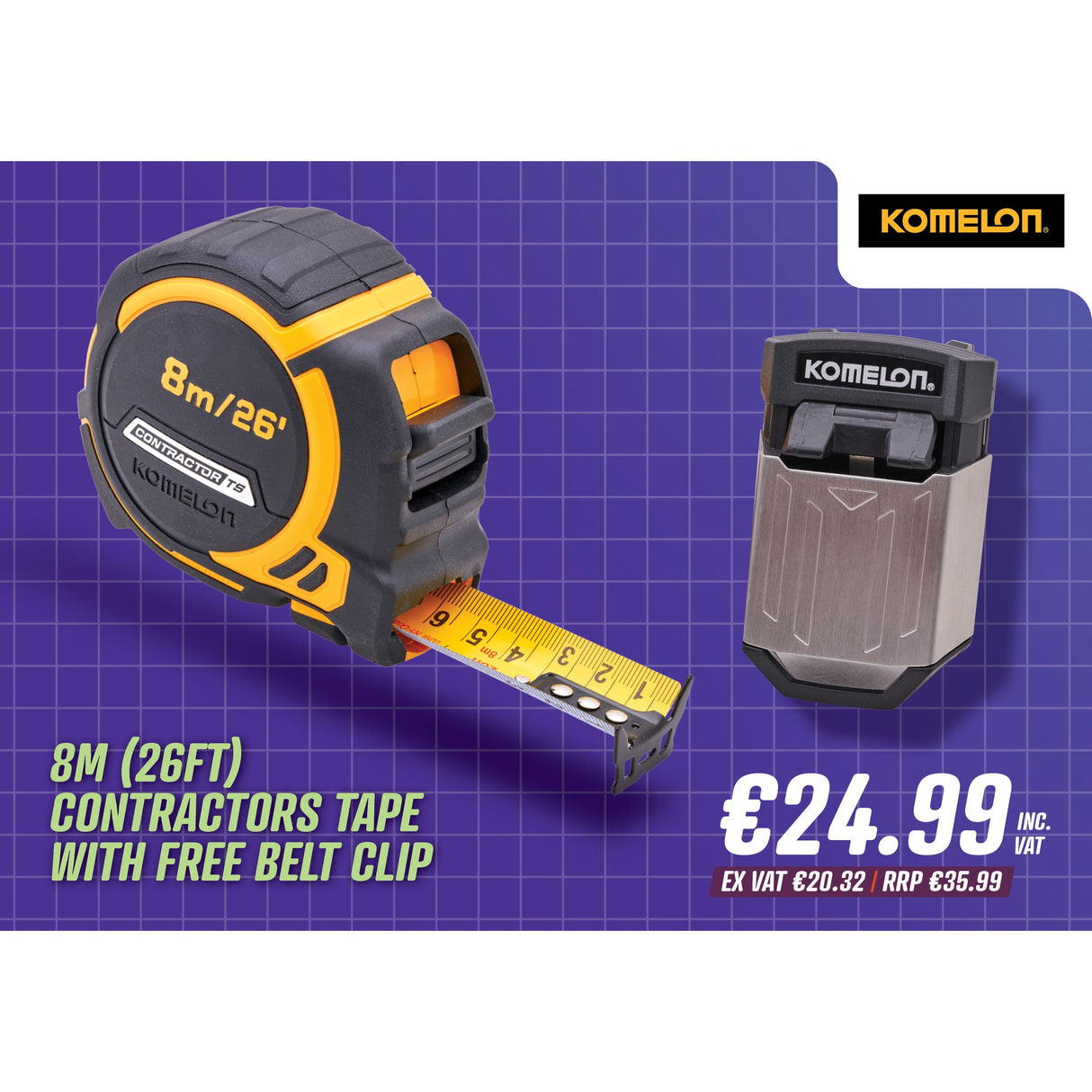 Komelon 8m (26ft) Contractors Tape With Free Belt Clip