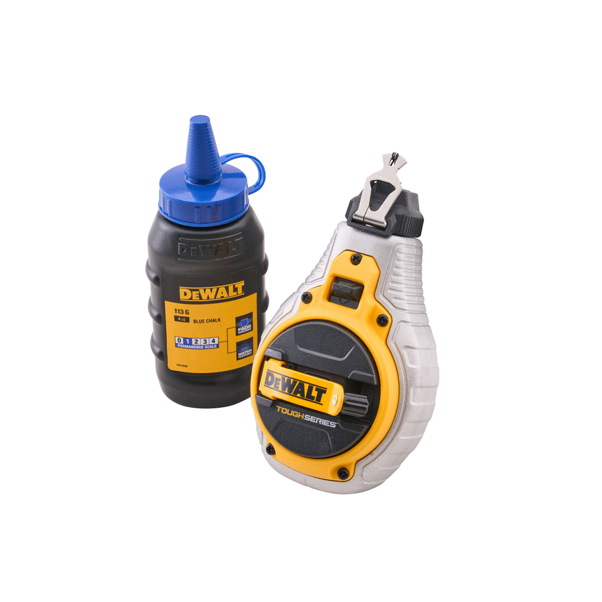 DeWalt 1124 grease bottle and 7-Cool grease dispenser are shown on a clean white background. DeWalt Chalk Line & Blue Chalk Set | 30m (100ft)