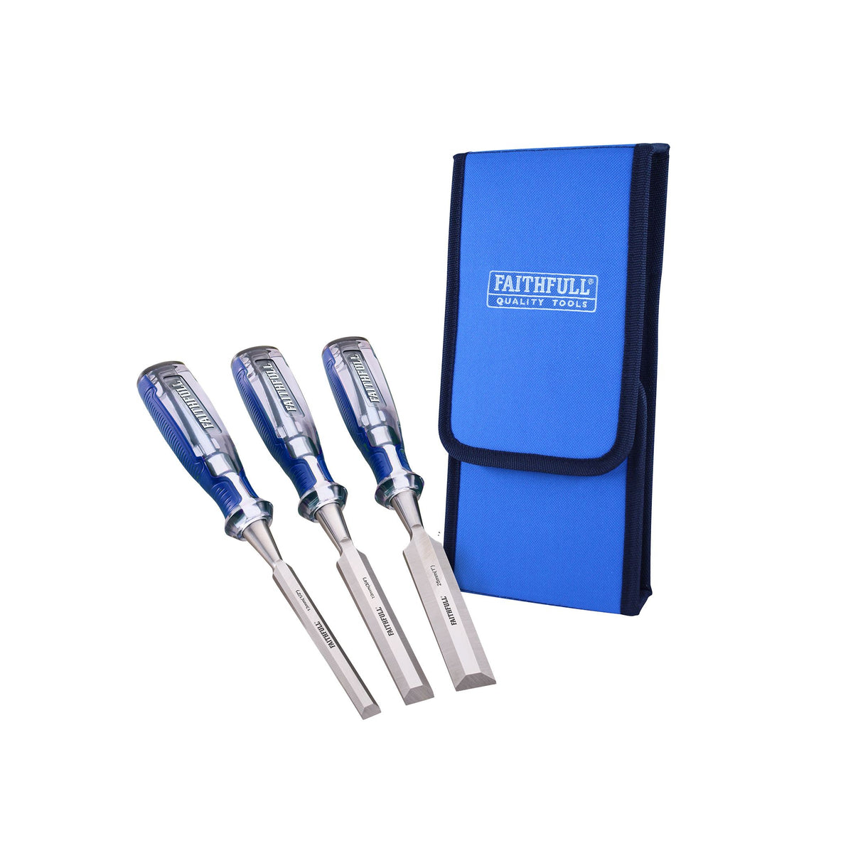 Three Faithfull wood chisels with blue and silver handles are displayed next to a blue zippered carrying case on a plain white background. Faithfull Chisel Set | 3 Piece