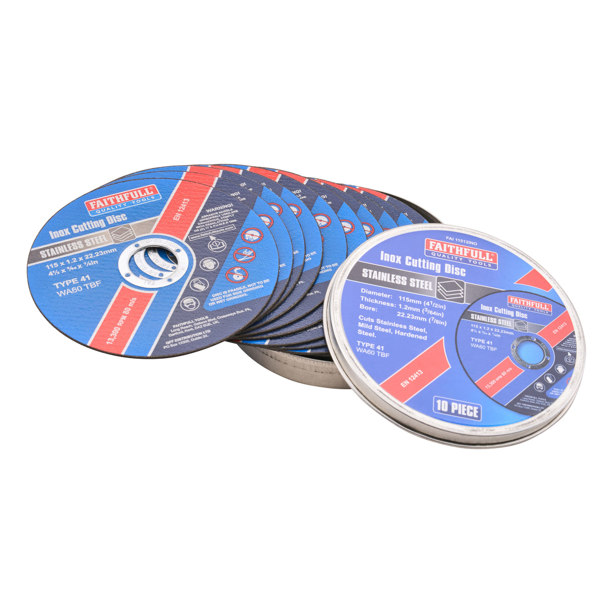 A 10-piece stack of Faithfull Stainless Steel angle cutting discs in a silver metal can, shown on a plain white background.