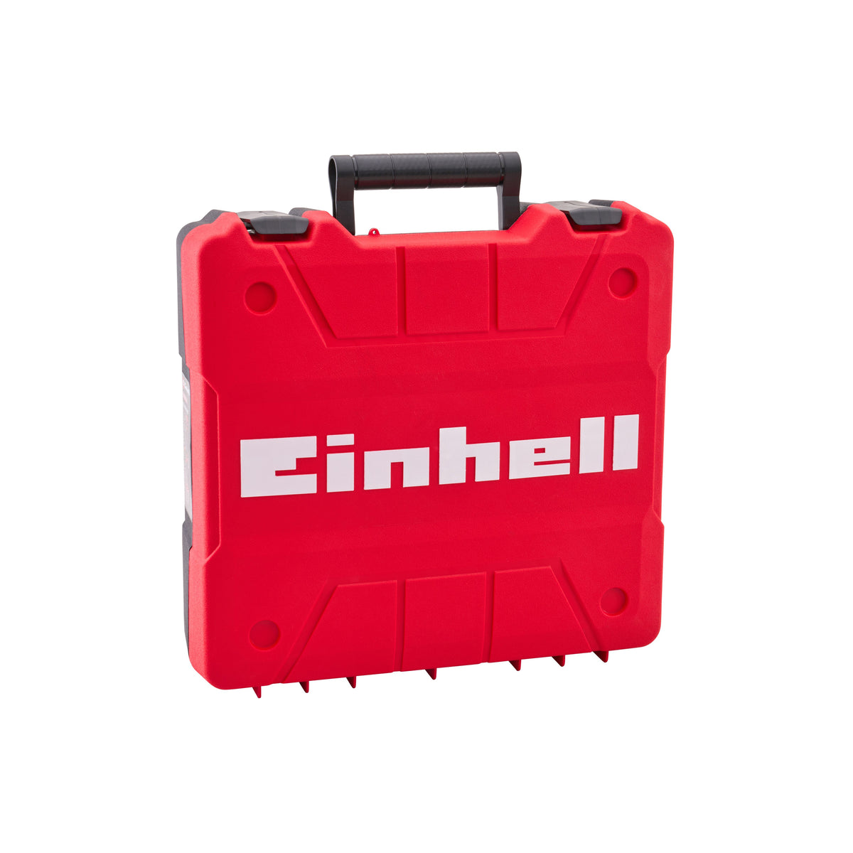 A red hard plastic tool case with a black handle and the brand name 'Einhell' printed in white on the front, isolated on a white background. Einhell 18V Combi Drill with 2 x 2Ah Li-Ion Batteries