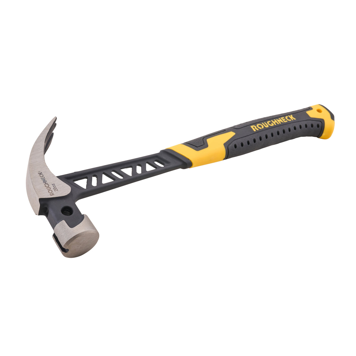 A claw hammer with a silver steel head and a black and yellow textured handle, shown on a plain white background. The brand name ROUCHICK is printed on the handle. Roughneck V-Series Gorilla Claw Hammer | 567g (20oz)