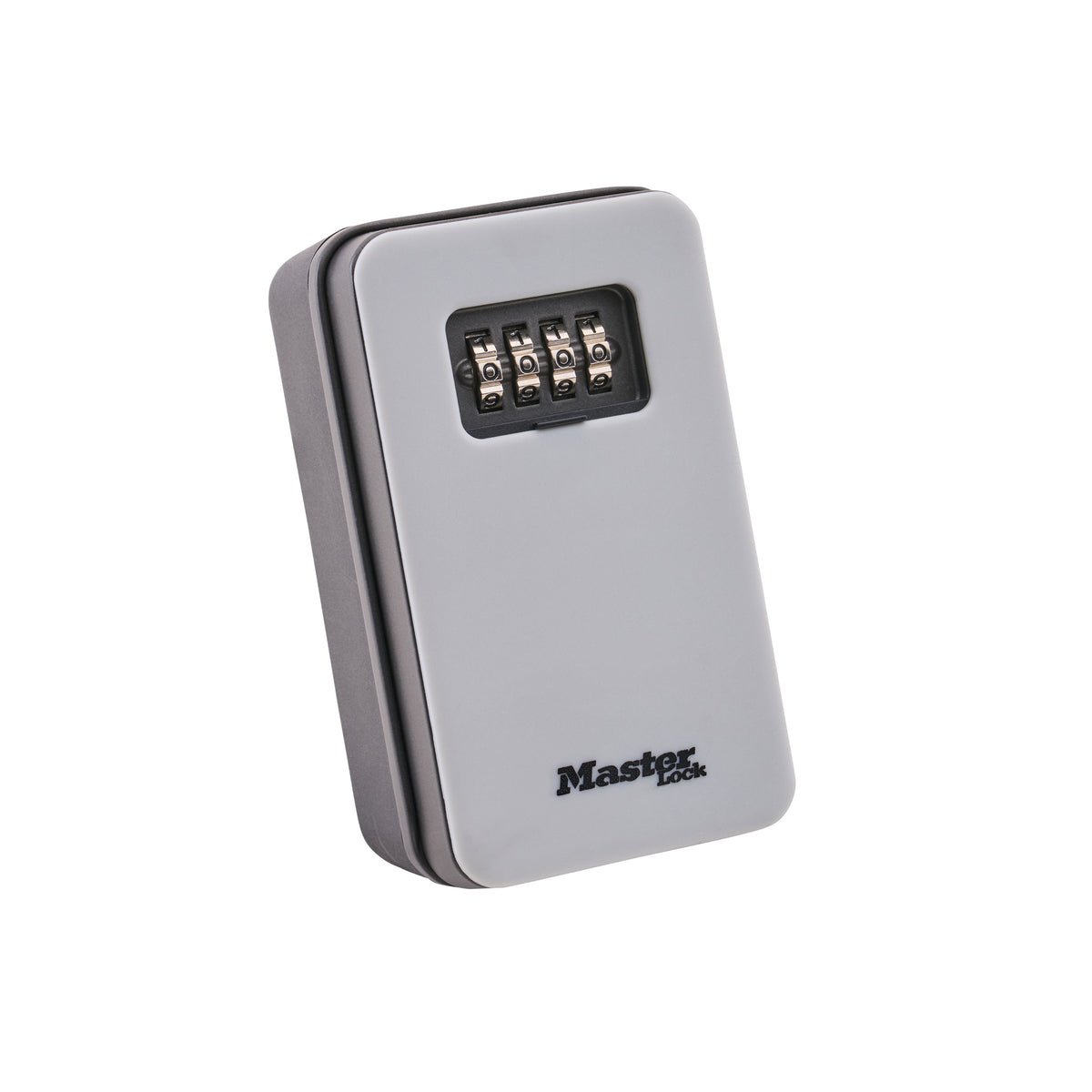 A Master Lock combination key box in a metallic silver finish, featuring a black combination dial on the front and the Master Lock brand logo printed near the bottom. MasterLock Key Lock Box - New Design