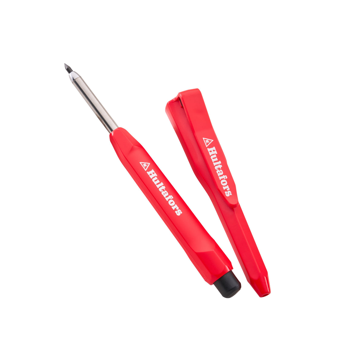 A red Hultafors precision screwdriver with a silver metal shaft and black tip, shown next to its matching red plastic cap on a white background.
Hultafors Dry Marker/Automatic Pencil