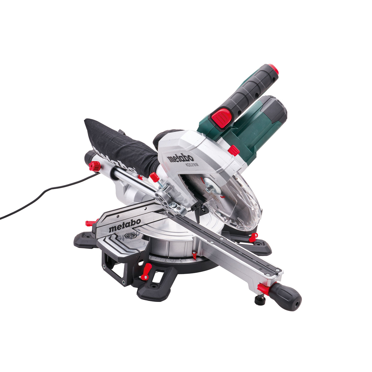 A Metabo miter saw with a silver aluminum base, black and gray components, a green and black motor housing, and red accent buttons, shown on a solid white background. Metabo Laser Cut Sliding Mitre Saw | 216mm
