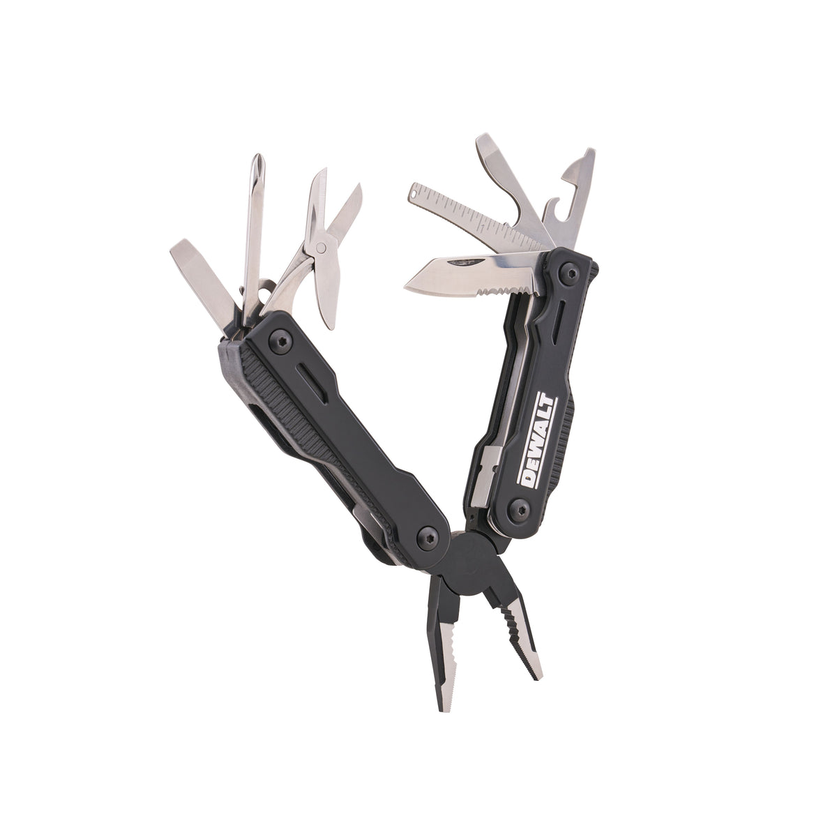 A black and silver DeWalt multi-tool pocket knife with several tools extended, including pliers, scissors, a knife blade, and a bottle opener, shown on a plain white background.
DeWalt Mclaren 16-in-1 Multi-Tool